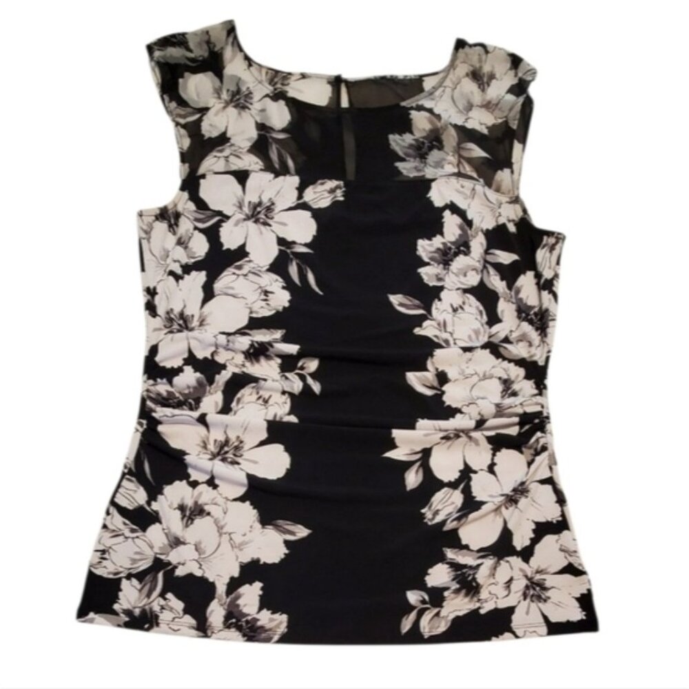 White House Black Market Sleeveless Ruched Black & White Floral Print Top Size L